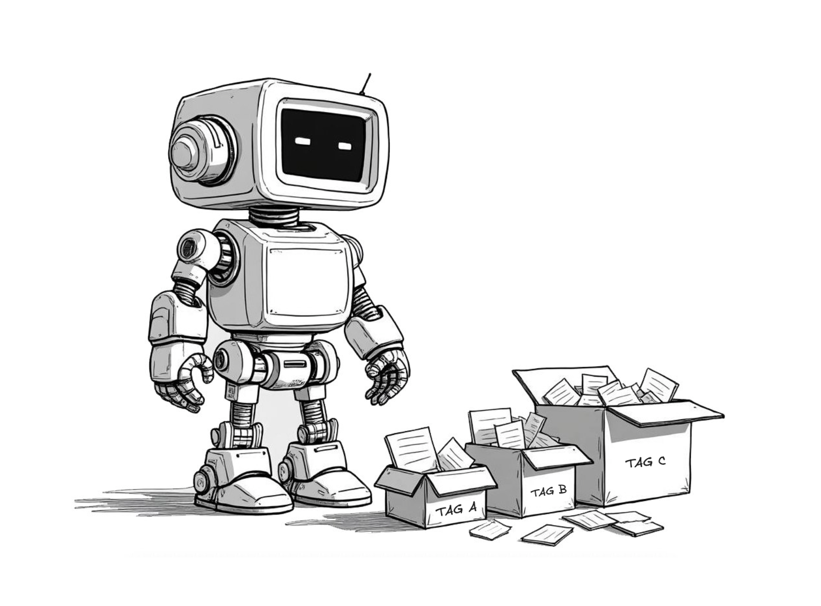 Robot looking at smaller boxes of fewer notes